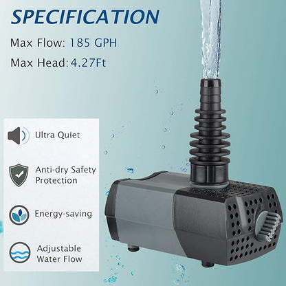 WaterRebirth HSUP700F Versatile Submersible Pump - Fountain Jets for Ponds, Fish Tanks, Water Gardens - Aquarium & Pond Pump (700L/H)