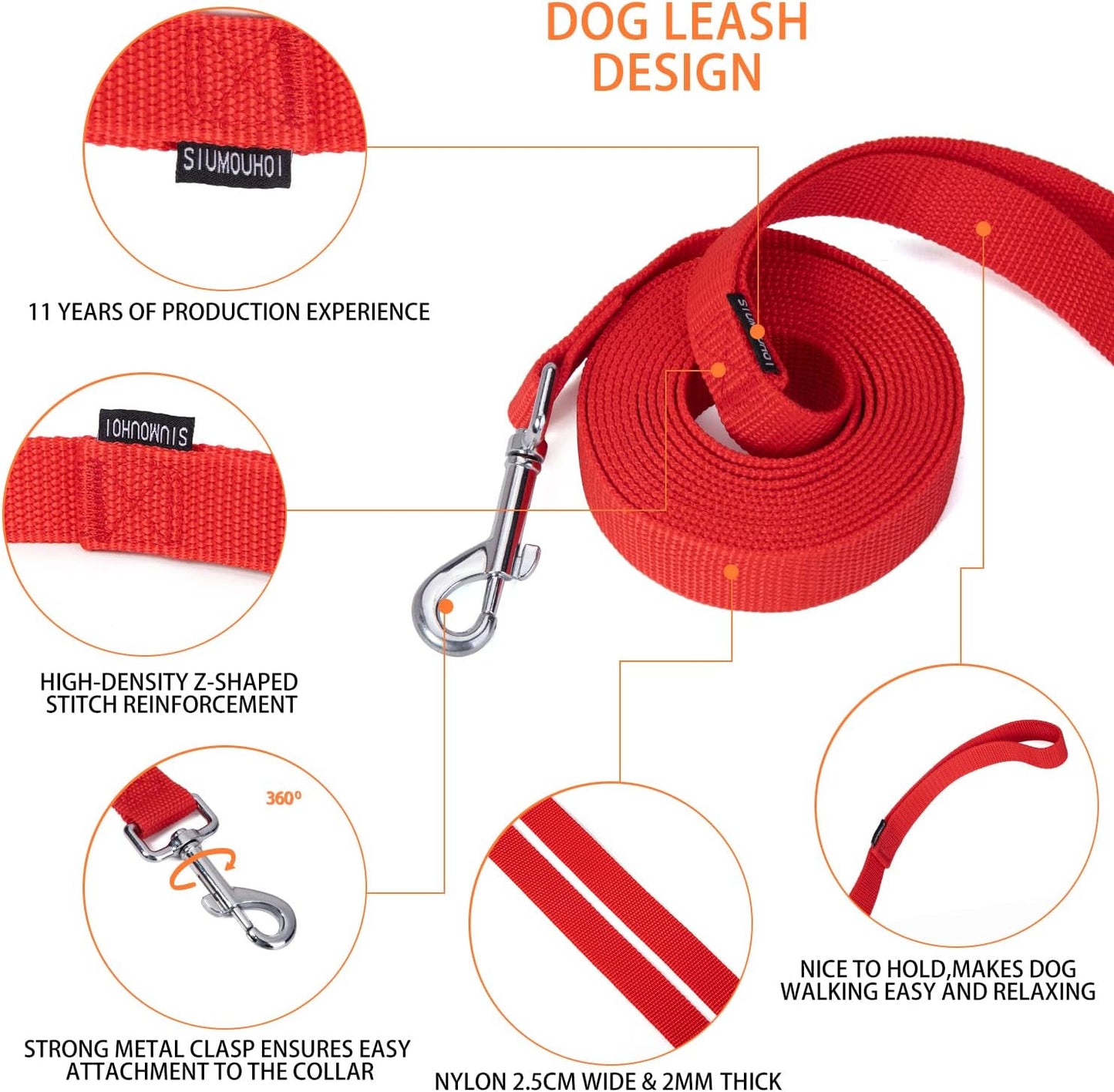 Strong Durable Nylon Dog Training Leash, 1 Inch Wide Traction Rope, 6 ft 10ft 15ft Long, for Small and Medium Dog (Red, 10 Feet)
