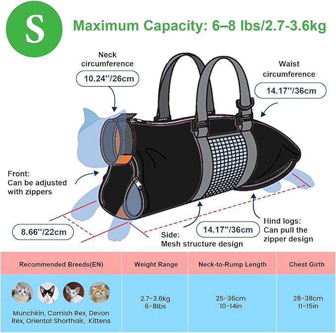 Cinf Cat Nail Clipping Cleaning Grooming Restraint Bag No Scratching Biting for Bathing Nail Trimming Injecting Examining(Black,S)