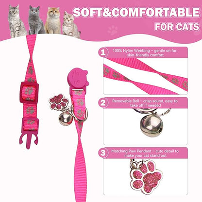 4PCS Breakaway Cat Collars,Reflective Cat Collar with Bells,Kitten Collars for Boy&Girl Cats Breakaway Collar for Cats with Paw Pendant 6-9 Inch(Purple+Hotpink+Red+Teal)