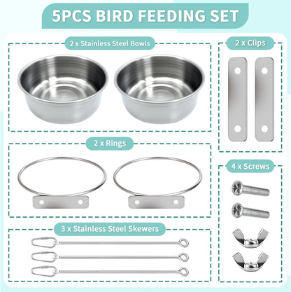 2 Pcs Bird Feeding Dish Cups with 3 Pcs Food Holder for Cage, Parrot Food Water Bowls and Fruit Vegetable Skewer Foraging Toy, Stainless Steel Bird Feeders for Small Animals -Silvery,5 Pcs