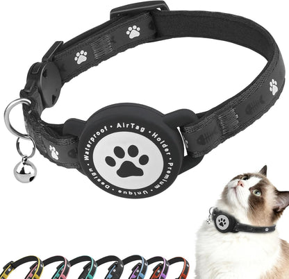 Airtag Cat Collar Breakaway, Reflective Cat Collar with AirTag Holder and Bell, Compatible with Apple Air Tag, Comfortable Padding, Adjustable, Durable (Black)