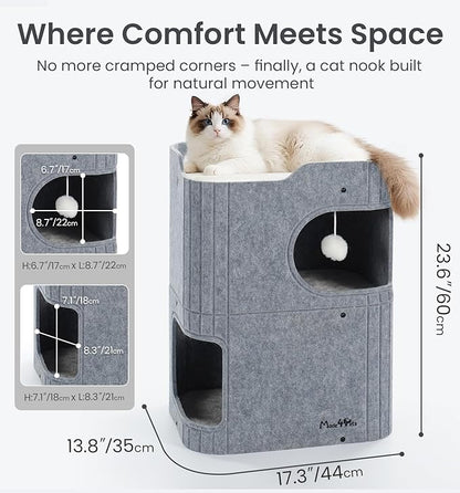 Made4Pets Cat House for Indoor Use, 2-Storey Cube Bed Cave, Covered Hideaway Condo with Scratch-Resistant Felt, Foldable Easy-to-Clean Design for Multi-Cat Homes, Grey