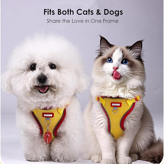 Cat Harness and Leash Set for Walking – Escape-Proof Reflective Vest for Cats and Small Dogs, Adjustable Soft Air Mesh with Pressure-Reducing Design, 4.92ft (Light Brown & Blue, L)