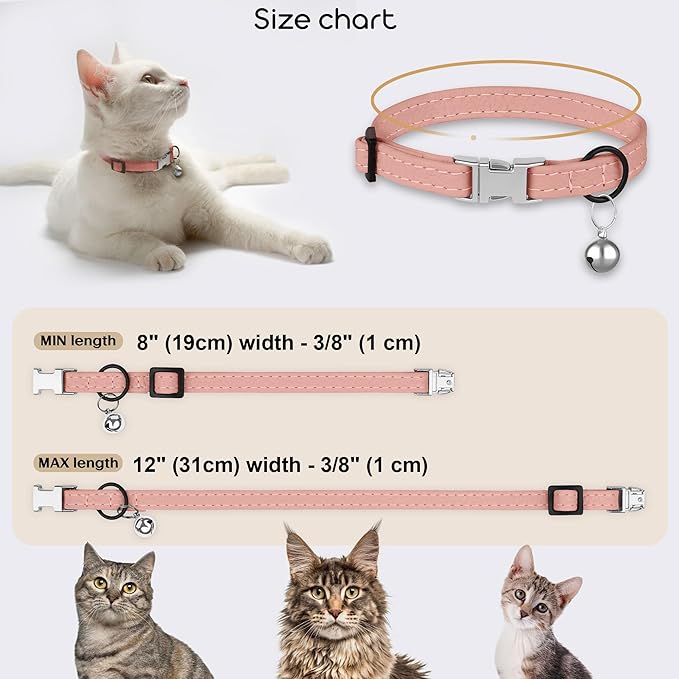 Leather Cat Collar with Buckle and Removable Bell - Non Breakaway Adjustable Soft Safety Small Pet Collars for Girl Boy Cats Kitten (Flamingo)
