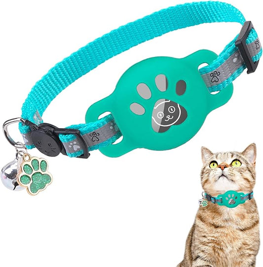Airtag Cat Collar Breakaway, Reflective Kitten Collar with Bell and Apple Air Tag Holder, GPS Cute Cat Collar, Glow in The Dark Pet Collars for Boy Girl Cats, Kittens, Puppies, Aqua