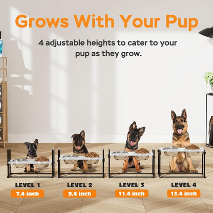 Elevated Dog Bowls for Large Dogs, 4 Height Adjustable Tilted Raised Dog Bowl Stand with 2 Stainless Steel 2L Bowls, 13.6" Tall Dog Feeder for Medium and Large Breed