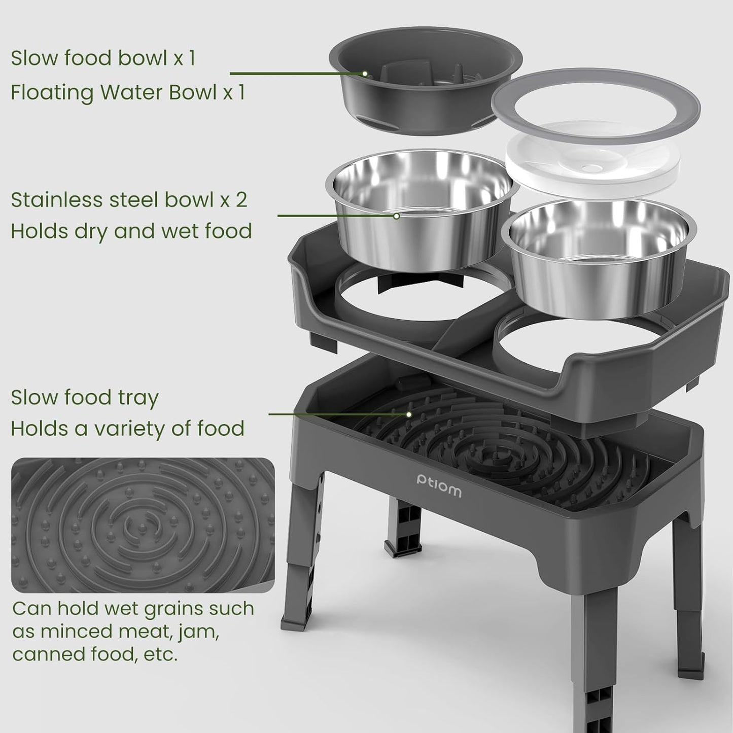 4-in-1 Elevated Slow Feeder Dog Bowls, 4 Height Adjustable Mess Proof Raised Dog Bowl Stand with No Spill Water Bowl, Stainless Steel Doggy Food Dish & Slow Feeder for Large Medium Small Pets