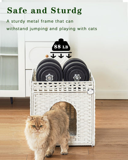 Cat Beds for Indoor Cats Extra Large Double Cat Cave Pet Cube, Handwoven Rattan Cat Houses with Double-Sided Soft Cushions, 18.5 x 20.5 x 19.1 Inches Foldable Hideaway in Living Room White