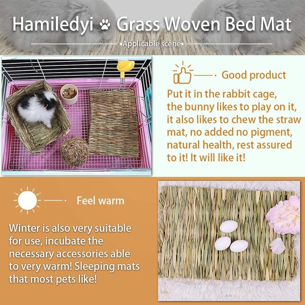 Hamiledyi Grass Mat Woven Bed Mat for Small Animal 4PCS Large Bunny Bedding Nest Chew Toy Bed Play Toy for Guinea Pig Parrot Rabbit Bunny Hamster Rat