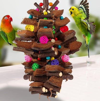 Kyouki Bird Toy for Parrots，Cockatiels, Budgies, Conures, Macaws, Lovebirds, Amazons and Other Small/Medium/Large Birds - Chewable & Shreddable Natural Coconut Husk Enrichment Toy (Large)