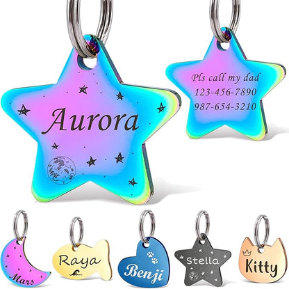 Anavia Small Size Dog Cat ID Tags, Small/XS Personalized Color Plated Stainless Steel Puppy Kitten Name Tags, Customized Engraved Nameplate Pet Collar Tag (Rainbow, Star)