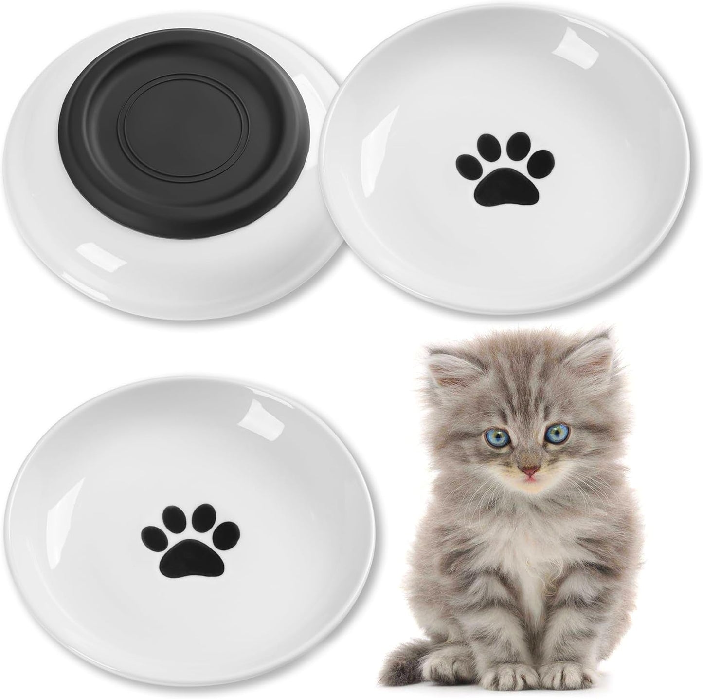 Cat Food Bowls, Whisker Friendly Ceramic Cat Bowls with Nonslip Silicone Bottom, Pack of 3 Quiet Cat Dishes and Plates for Feeding Indoor Cats, Kittens and Small Dogs(Cat Paw)