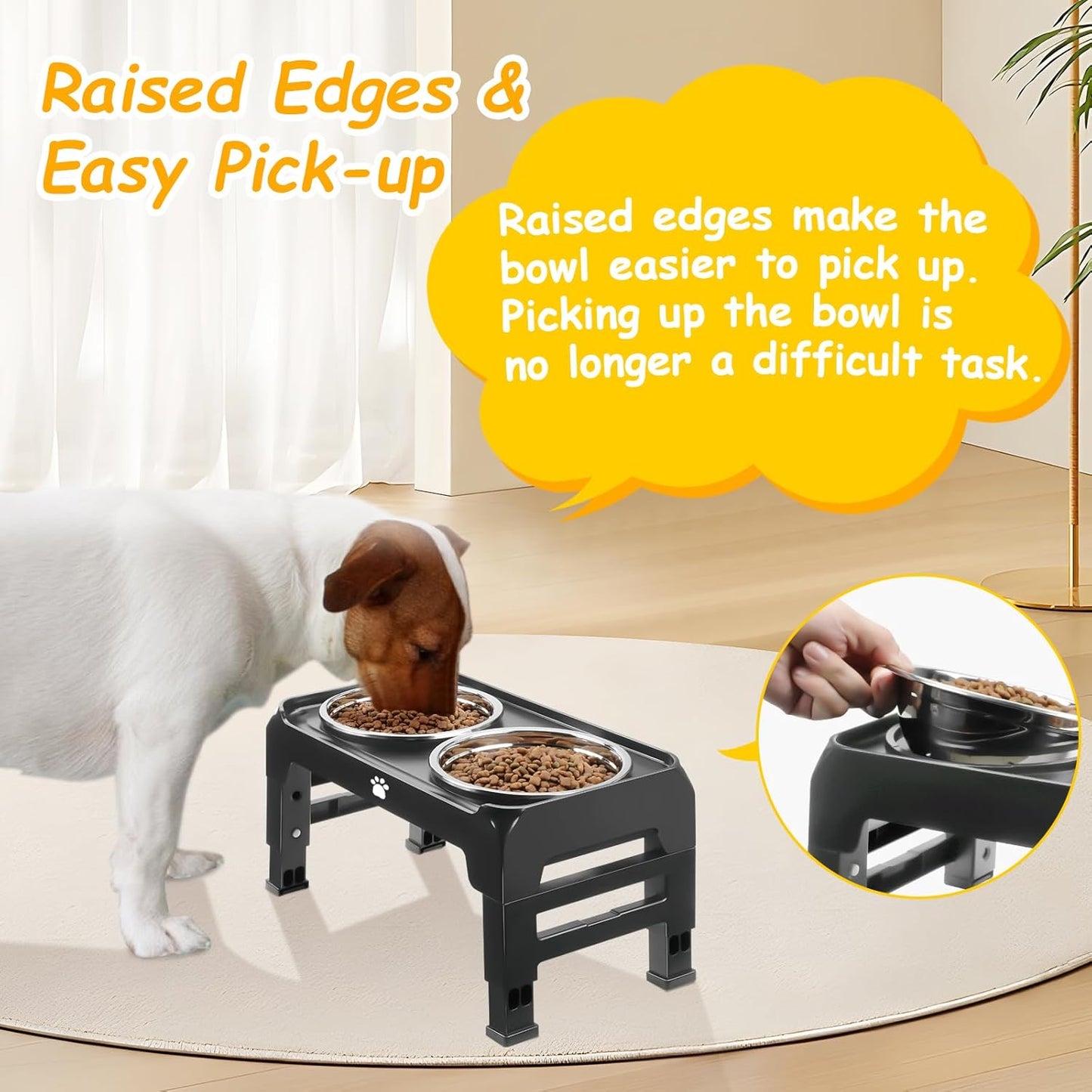 Elevated Dog Bowls 3 Height Adjustable Raised Bowl Stand with 25oz Stainless Steel Dog Food Bowls Anti-Slip for Small Dogs Adjusts to 7.5", 6", 2.75", Black