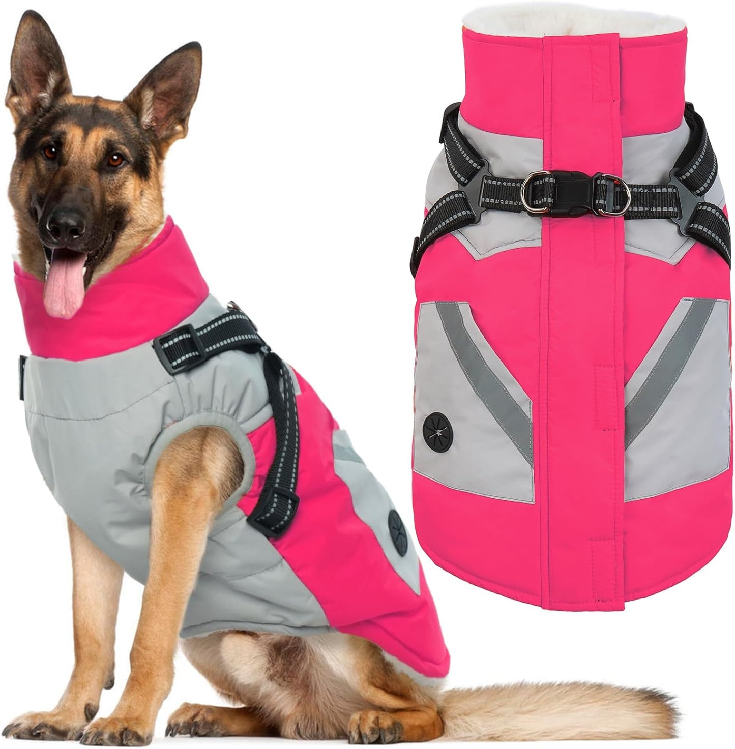IECOii Large Dog Coat with Harness Built in - Rosered, Large - Waterproof Windproof Dog Winter Coat, Fleece Lined Zip Snow Jacket for Dogs Thermal Outdoor Snowsuit Cold Weather Jackets Bulldog