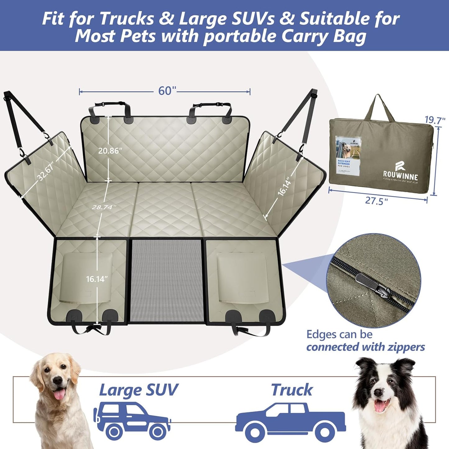 Back Seat Extender for Dogs Truck-Large Space, Pet Seat Cover Back Seat Hard Bottom Holds 400lbs, Waterproof Dog Hammock for Crew Cab Trucks F150, RAM1500, Sierra, Tundra, Silverado