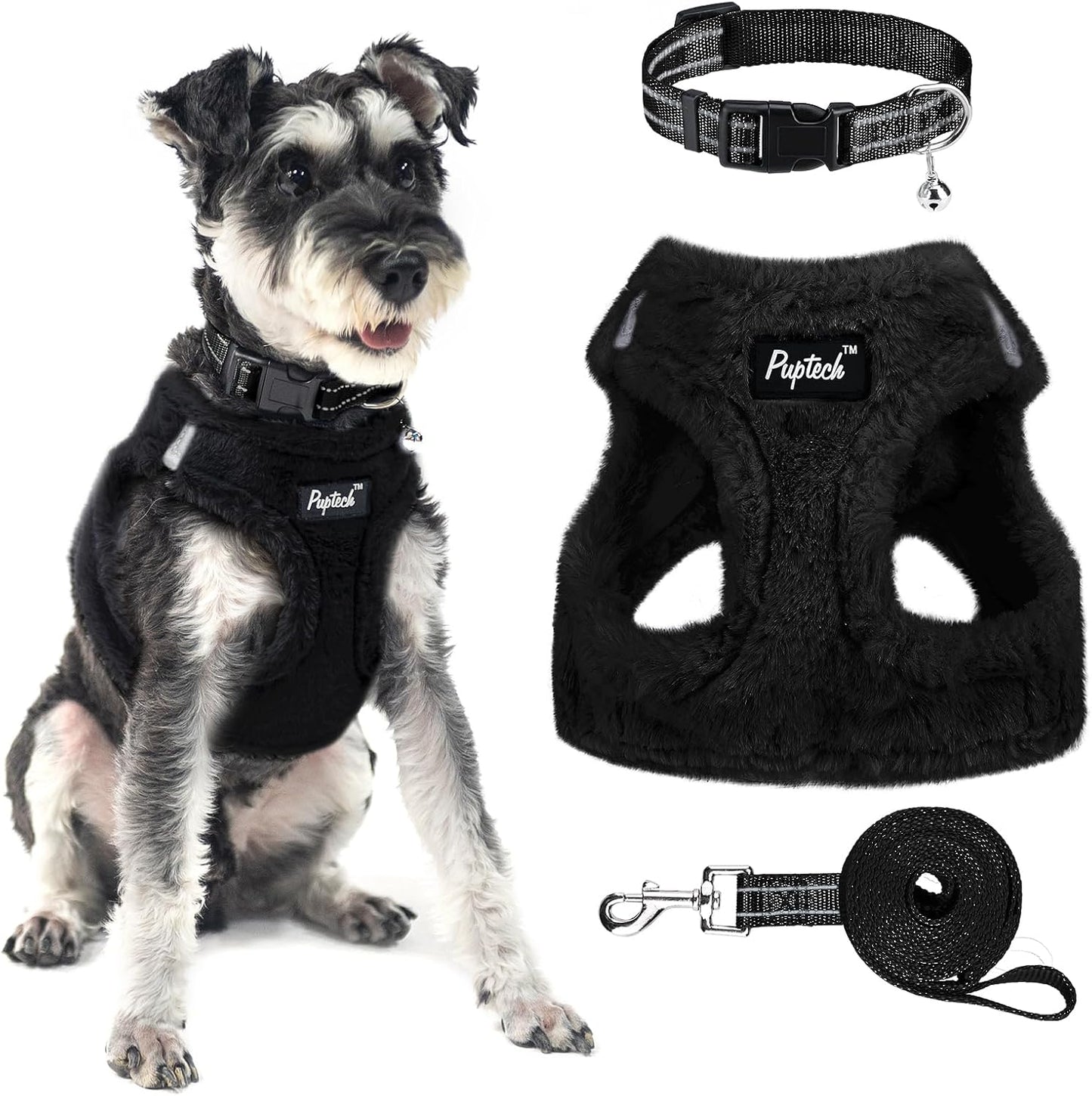 PUPTECK Adjustable Dog Harness Collar and Leash Set Step in No Pull Pet Harness for Small Medium Dogs Puppy and Cats Outdoor Walking Running, Soft Mesh Padded Reflective Vest Harnesses, Black S