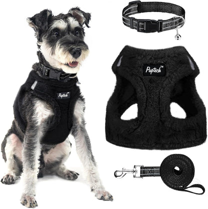 PUPTECK Adjustable Dog Harness Collar and Leash Set Step in No Pull Pet Harness for Small Medium Dogs Puppy and Cats Outdoor Walking Running, Soft Mesh Padded Reflective Vest Harnesses, Black S