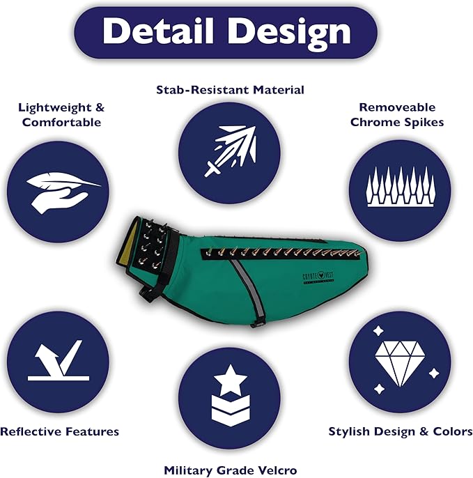 CoyoteVest Dog Harness Protection Vest, Reflective Dog Accessories with Spikes to Shield Your Pet from Raptor and Animal Attacks, Proudly Made in America (XX-Small, Turquoise)