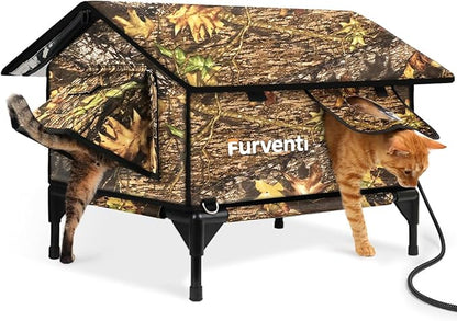 Heated Cat House for Outside,Extremely Weatherproof&Insulated in Winter,Elevated Outdoor Cat Shelter with Waterproof Eaves&Escape Door for Feral Stray Barn Cats(Leaves,L)