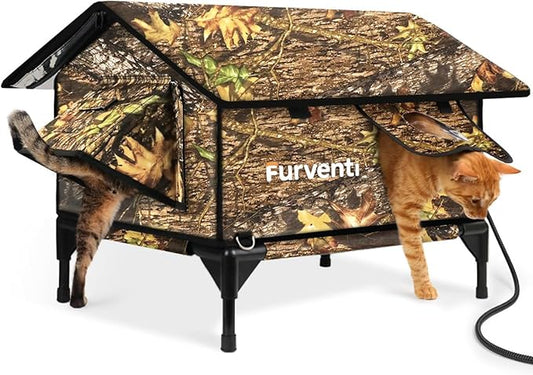 Heated Cat House for Outside,Extremely Weatherproof&Insulated in Winter,Elevated Outdoor Cat Shelter with Waterproof Eaves&Escape Door for Feral Stray Barn Cats(Leaves,L)