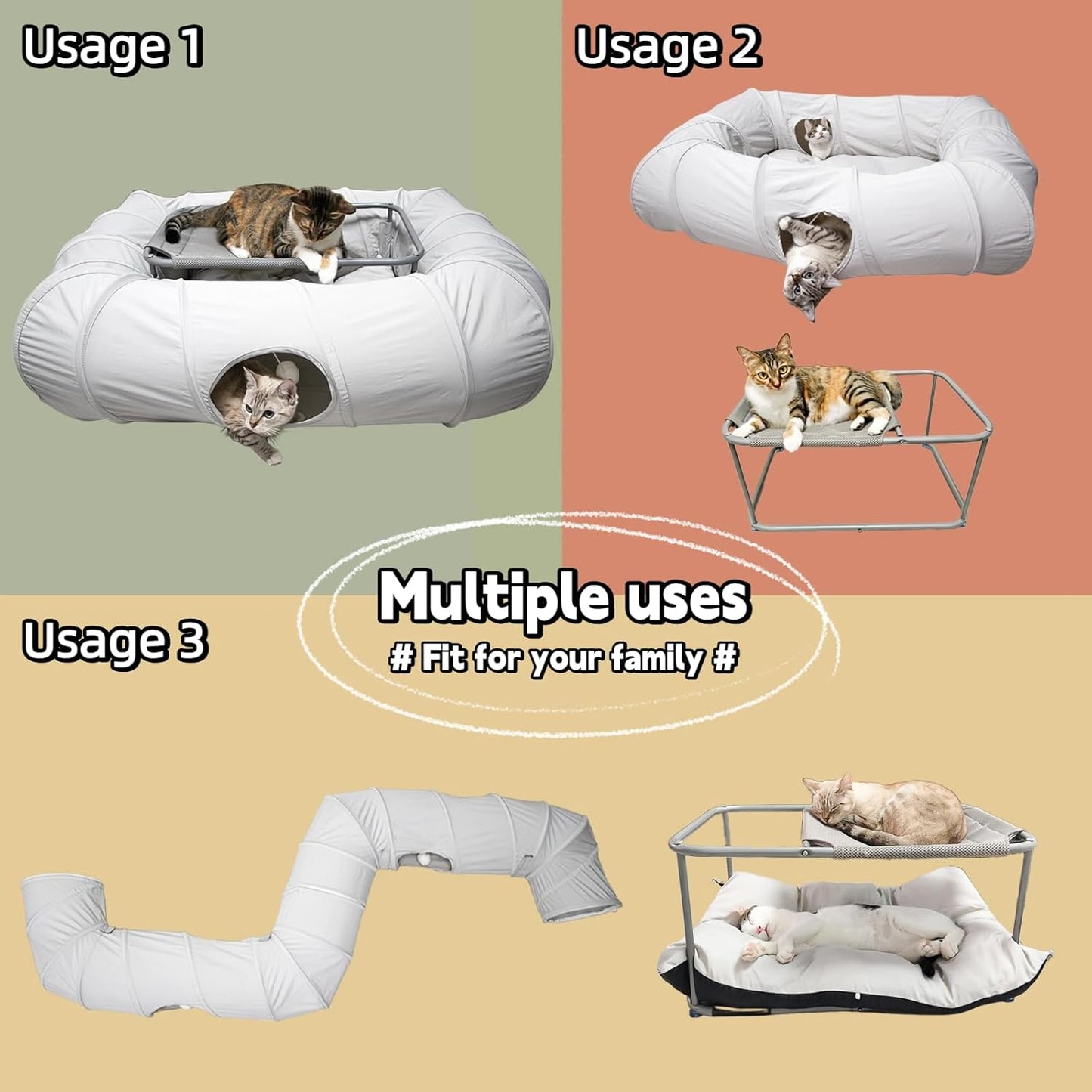 XxingSheep 2-Tier Cat Tunnel & Hammock Bed XXL, 4 Cave Shuttle with Elevated for Multiple Cats Toy Light Grey