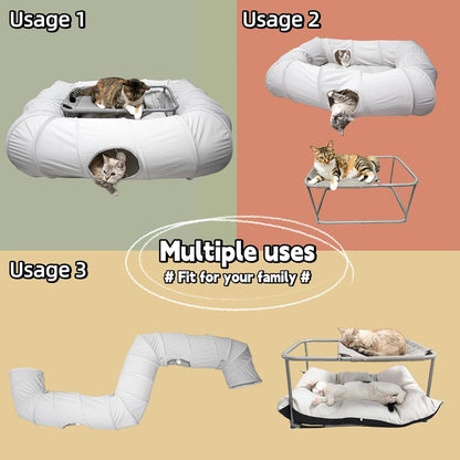 XxingSheep 2-Tier Cat Tunnel & Hammock Bed XXL, 4 Cave Shuttle with Elevated for Multiple Cats Toy Light Grey