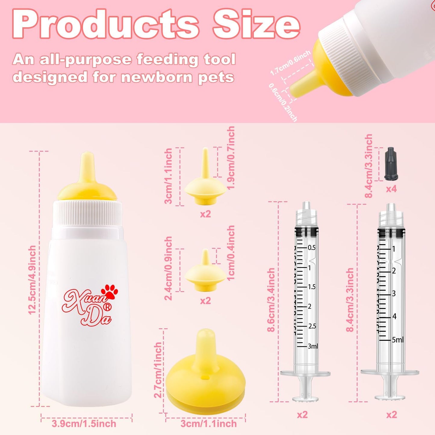 Kitten Bottle Feeding kit with Feeding Nipple and Syringe, Soft Silicone Nursing Pet Feeding Bottle, Ventilation Valve Resistant Tearing for Small Puppies, Kittens, Rabbit (L Nipple-Yellow)