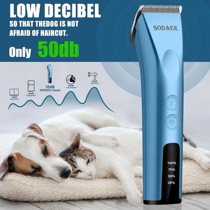 Professional Animal Pet Dog Cat and Horse Cordless Hair Clipper Grooming Kit with 5 in 1 Blade Low Noise & High Power Rechargeable Cordless Pet Grooming Clipper for for Thick Heavy Coats (Blue)