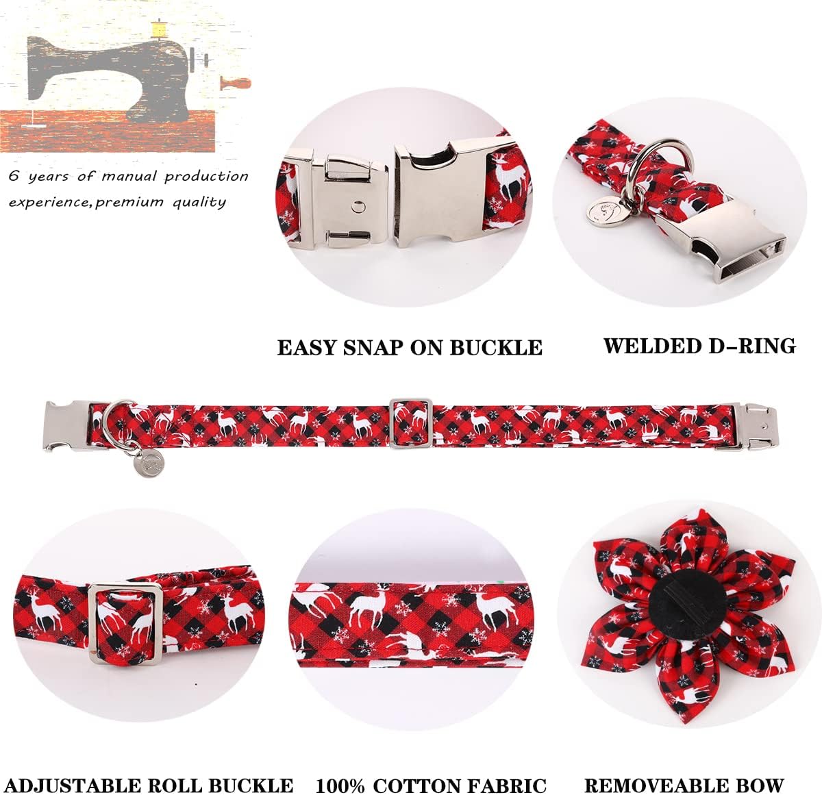 DOGWONG Christmas Dog Collar with Flower, Red Plaid Deer Dog Collar Soft Durable Adjustable Cotton Puppy Collar for Small Medium Large Dog