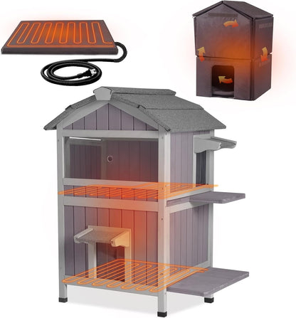 GUTINNEEN 2-Story Heated Cat House for Outside Large Insulated Cat House Outdoor Weatherproof Feral Cat Shelter with Heated Pad, Insulated All-Round Thermal Liner for 1-4 Cats
