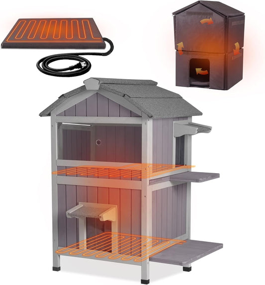 GUTINNEEN 2-Story Heated Cat House for Outside Large Insulated Cat House Outdoor Weatherproof Feral Cat Shelter with Heated Pad, Insulated All-Round Thermal Liner for 1-4 Cats