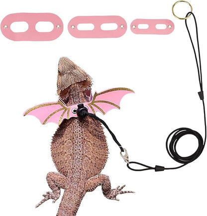 Adjustable Lizard Harness and Leash Set with Wings 3 Pack S M L Soft Leather Reptile Costume Accessories for Bearded Dragon Chameleon Guinea Pig Small Animals Pink