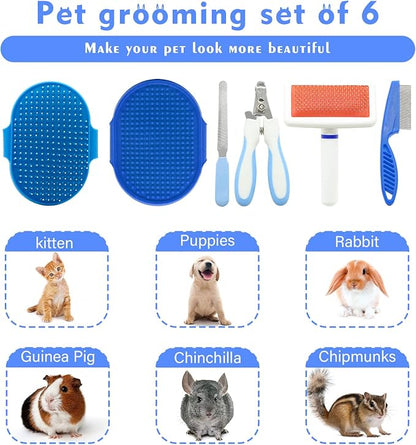 Pet Grooming Kit with Slicker Brush Bath Massage Glove Brush Pet Shedding Comb Nail Clipper Trimmer 6 Piece Set for Rabbit Kitten Guinea Pig Cat Chinchilla Ferret Small Animals