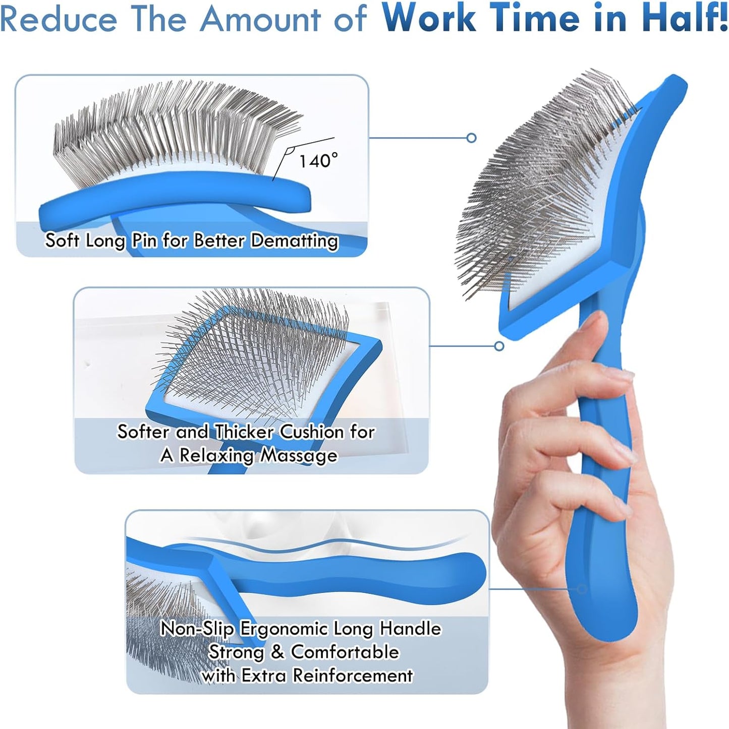 Dog Slicker Brush for Medium or Long Haired Dogs, Long Pin Slicker Brush for Removes Loose Hair, Tangles and Knots, Best Grooming Tools for Small Animals, Large, Free Pet Comb, Blue