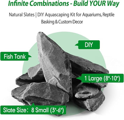 Natural Slate Stone Rocks with Special Liquid Glue, Mix of Rocks 3-6 inches and 1 Piece 8-10 inches, PH Neutral Stone for Aquascaping Aquariums, Paludariums, Reptile Enclosures (4.1 - 4.6 lbs)