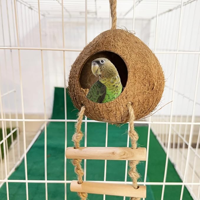 Bird Coconut Hides Nest with Ladder Parrot Cage Hanging Natural Coco Shell Hut Hide Toy with Wooden Bridge Hollow Hideaway Toys for Parakeet Lovebird Finch Canary 2PCS
