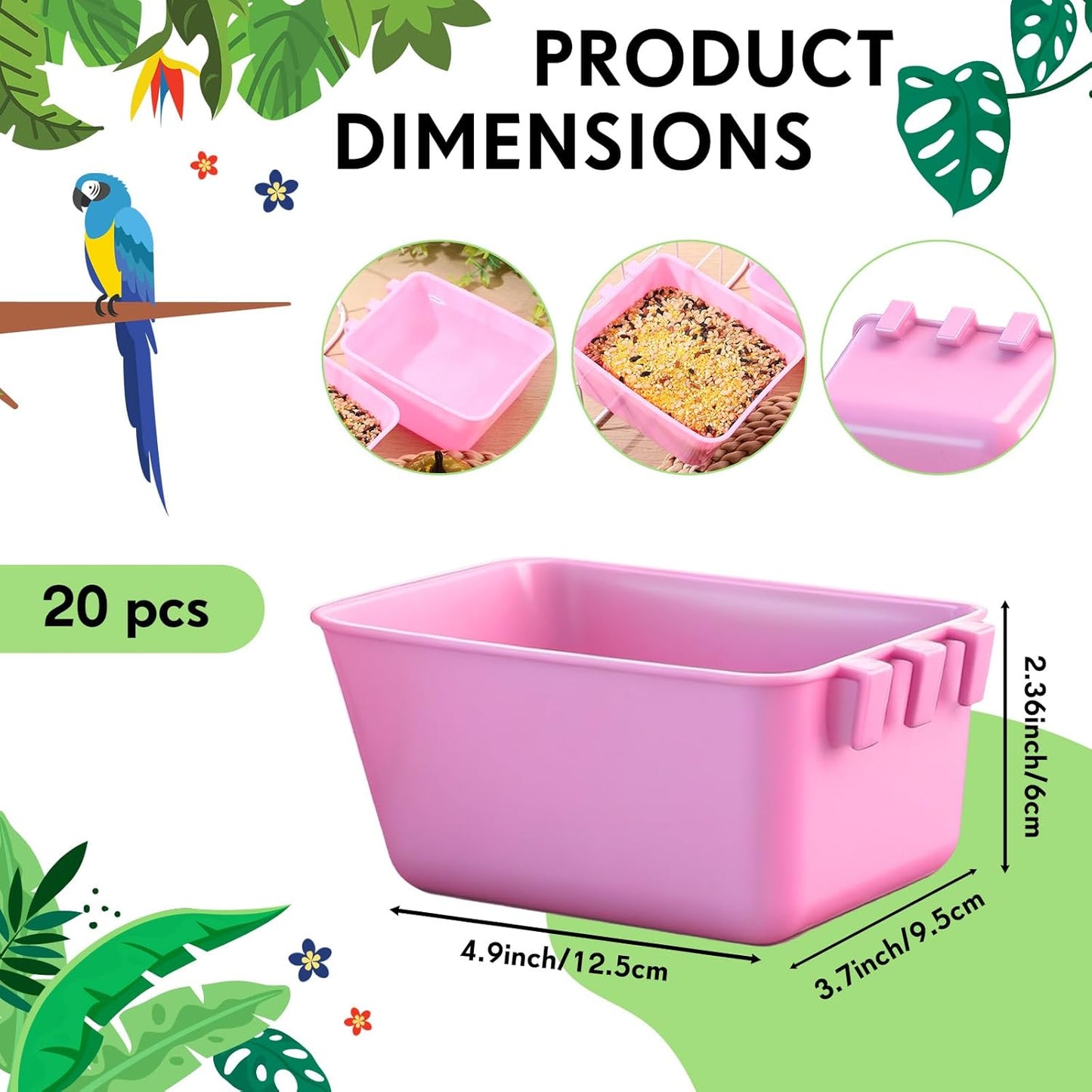 Maxdot 20 Pcs Cage Cups Chicken Feeder Waterer 16 oz Birds Feeders Hanging Bunny Cage Chicken Water Bowl for Pet Parrot Rooster Parakeet Gamefowl Poultry Pigeon Wire Hutch (Pink)