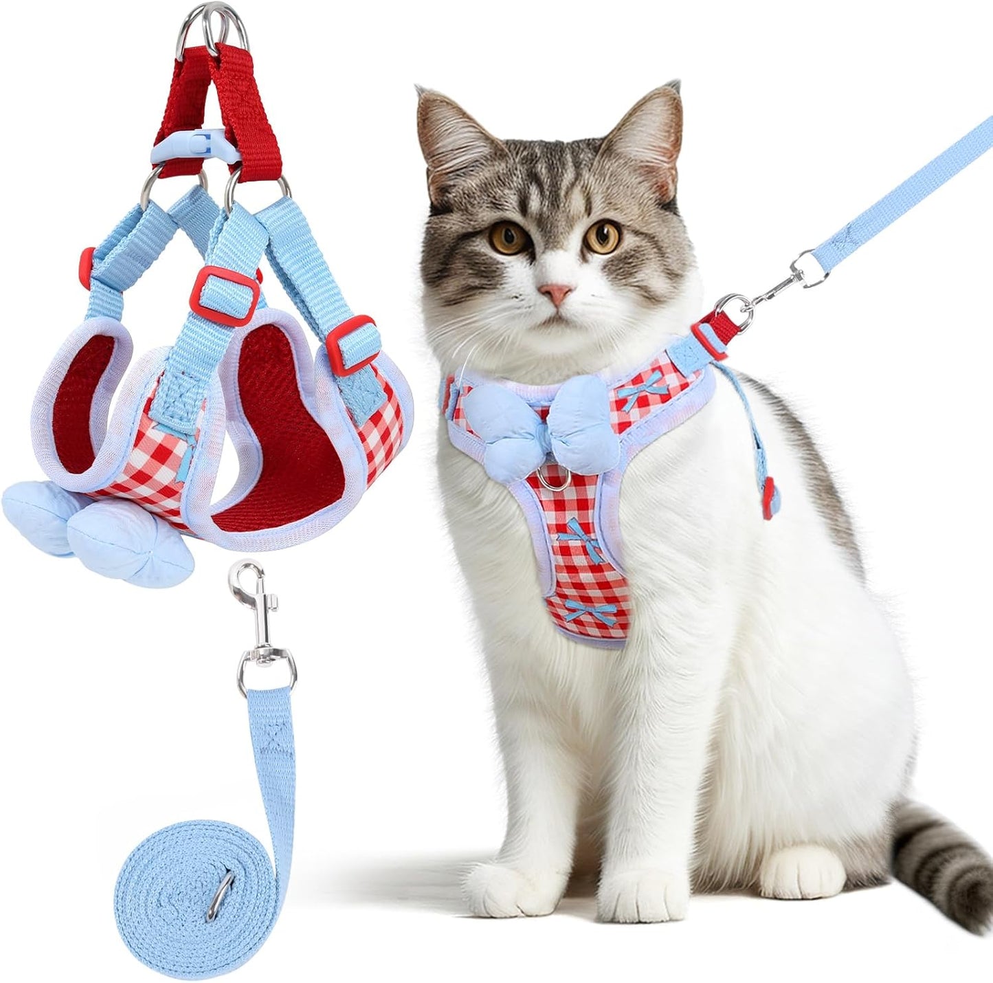 Cat Vest Harness and Leash Set for Walking Escape Proof, Adjustable Kitten Harness and Leash Set Breathable Mesh with Bow Harness for Kitty Puppy Bunny(Red Small)