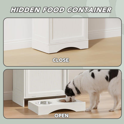 FIMELLO Dog Feeding Station, Tilt-Out Dog Food Storage Cabinet with Drawer,Pet Feeder Cabinet,White Grain