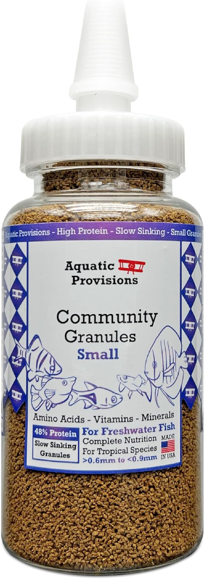 Community Fish Food Small Granules 3.17 oz, High Protein Slow Sinking Small Sized Granules