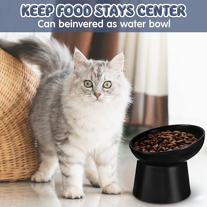 Tanlade 4 Pcs Ceramic Raised Cat Bowls, Elevated Tilted Cat Bowl, Stress Free, Backflow Prevention, Dishwasher and Microwave Safe for Indoor Kitten, Puppies(White and Black)