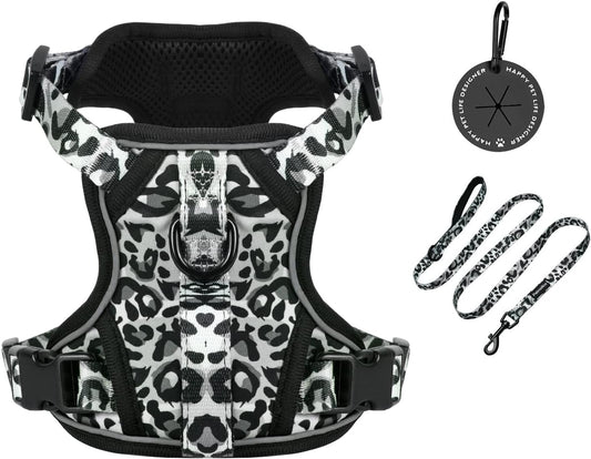 Petmolico Dog Harness for Small Dogs, Cute Harness Vest with Two Leash Clips and Soft Handle, Reflective Easy Walk Puppy Vest - Grey Leopard, Medium