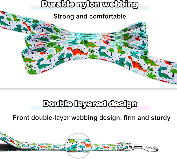 6 Foot Dog Leash for Medium Large Dogs, Double Handle Dog Leash with Padded Traffic Control Handles, Walking Training Lead, Dinosaur