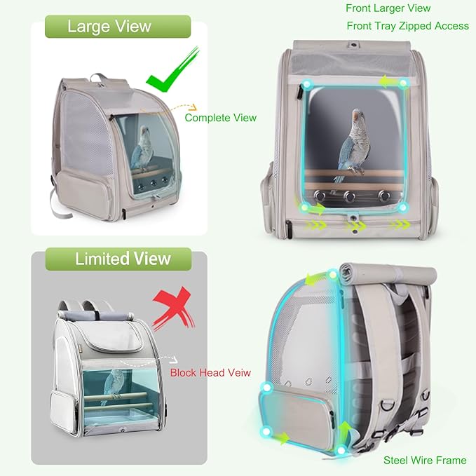 Bird Backpack Carrier with Front Zipper Opening, Portable Bird Travel Carrier Cage with 2 Standing Perches and Metal Tray, Breathable Transport Bag for Parakeet, Budgie, Conure, Cockatiel, Parrot