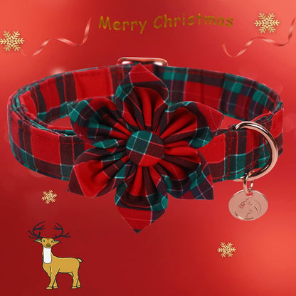 DOGWONG Christmas Dog Collar with Flower, Red Plaid Dog Collar Soft Durable Adjustable Cotton Red Green Tartan Puppy Collar for Small Medium Large Dog