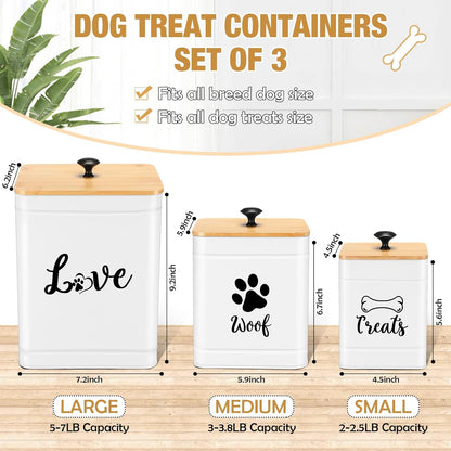 Metal Dog Treat Containers Set of 3 with Bamboo Lids and Spoon Airtight 7+3+2 lbs Dog Food Snack Jars with DIY Labels Big Pet Cookie Storage Jar for Kitchen Counter(White,Modern)