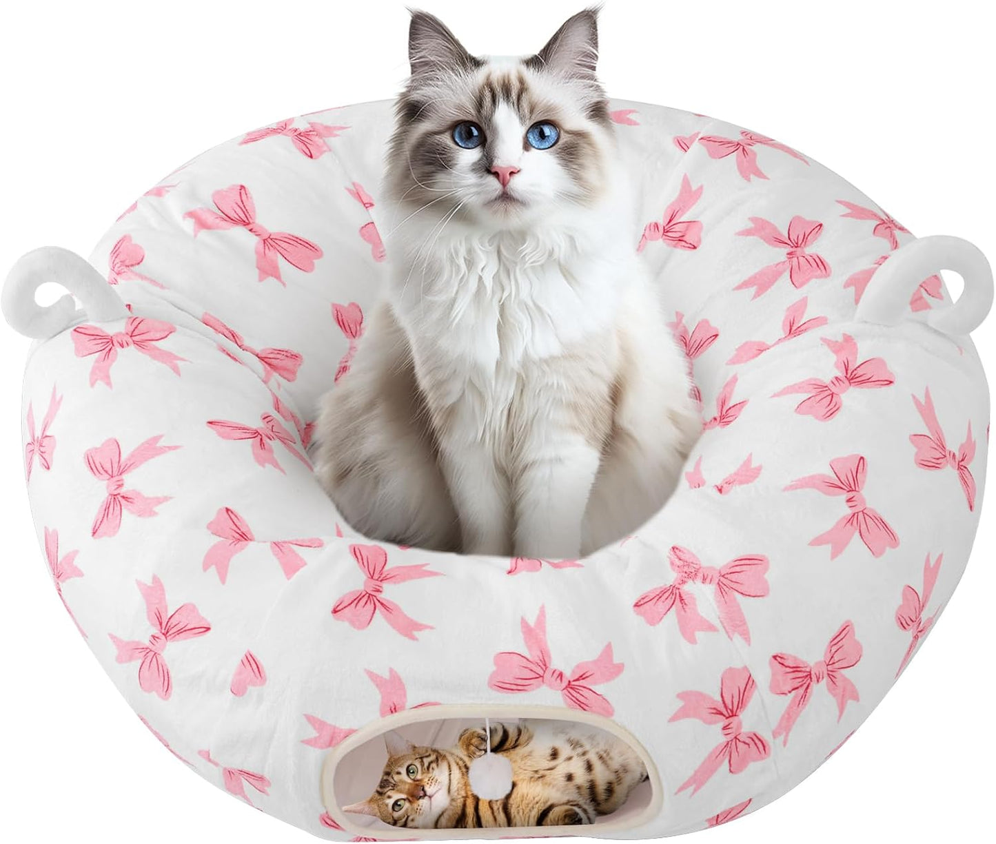 Cat Tunnel with Cat Bed for Indoor Cats, Under Christmas Tree Cute Kitten Donut Tunnel with Washable Cushion, Peekaboo Cat Cave Toy for Kitten Puppy Rabbit, Pink Pattern