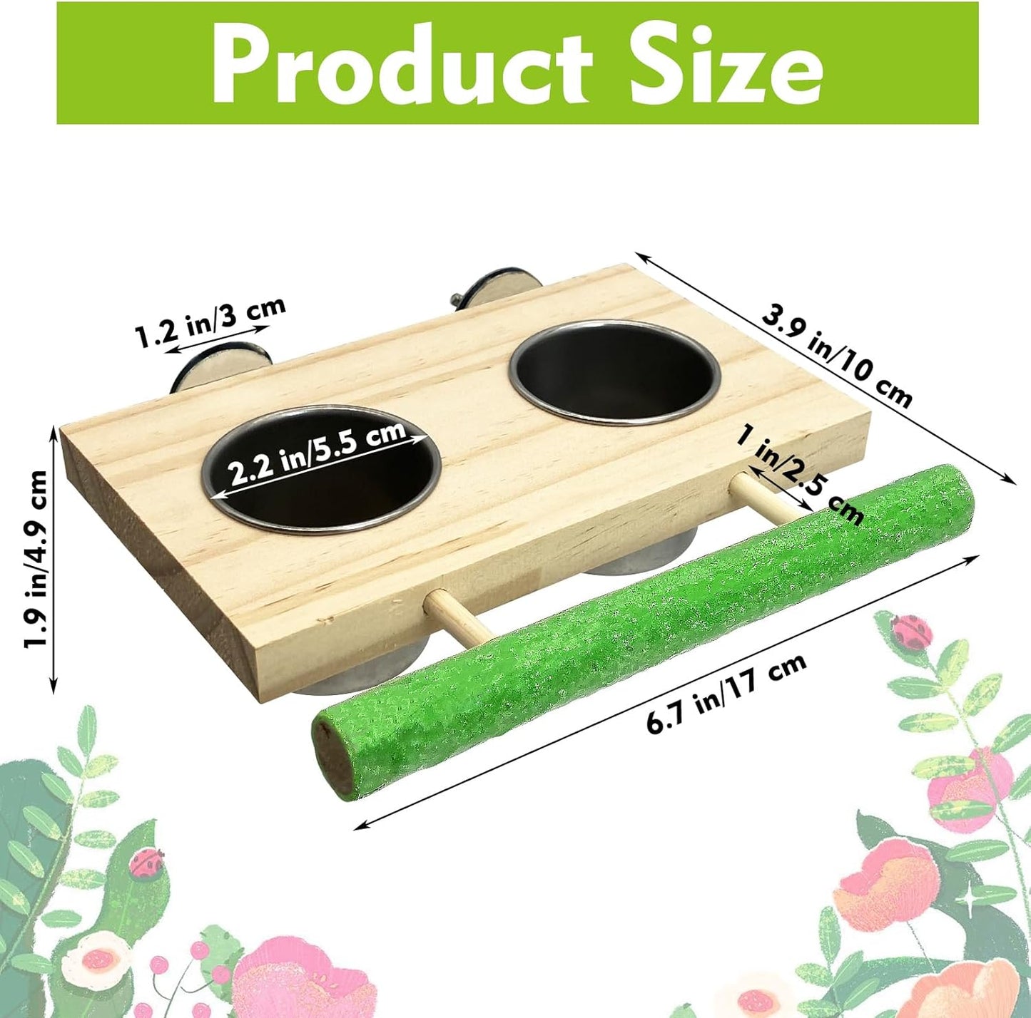 Tfwadmx Bird Feeding Dish Cups with Wooden Platform Hanging Stainless Steel Parrot Cage Feeder Bowl Wood Perch Stand for Parakeet Cockatiels Lovebirds Budgie (Medium)