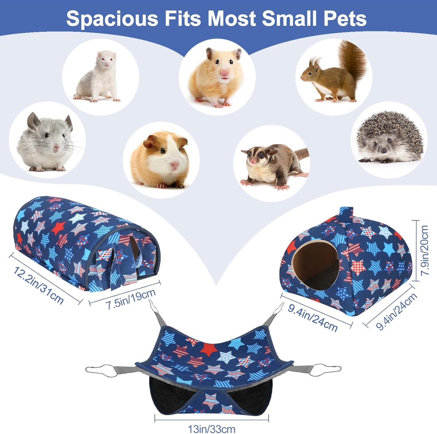 Ferret Hammock, Washable Rat hammock for Cage Accessories,3 Pack Guinea Pig rat Hideout,Soft ferret rats chinchilla bed, hamster hammocks,Ferrets toys and stuff for Sugar Glider(Sky Blue Star, L)